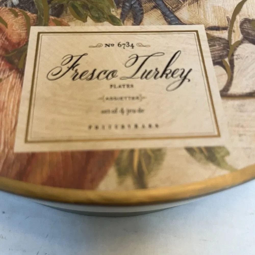 Pottery Barn Fresco Turkey Plates Set Of 4 Salad Plates 9” Turkey Thanksgiving